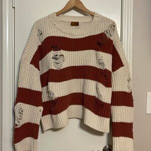 POL Distressed Chenille Striped Crew Neck Sweater medium
